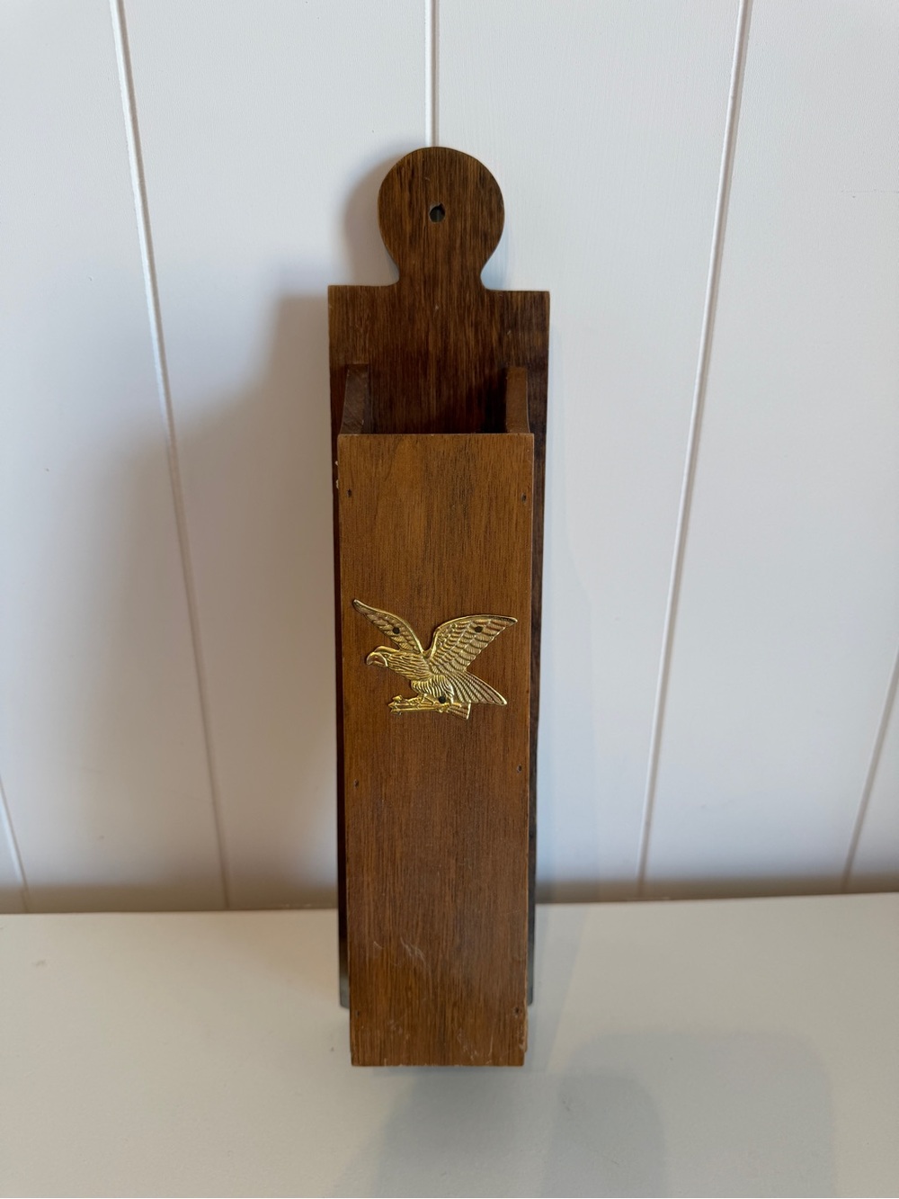 Vintage Wooden Wall-Mounted Match Holder with Brass American Eagle